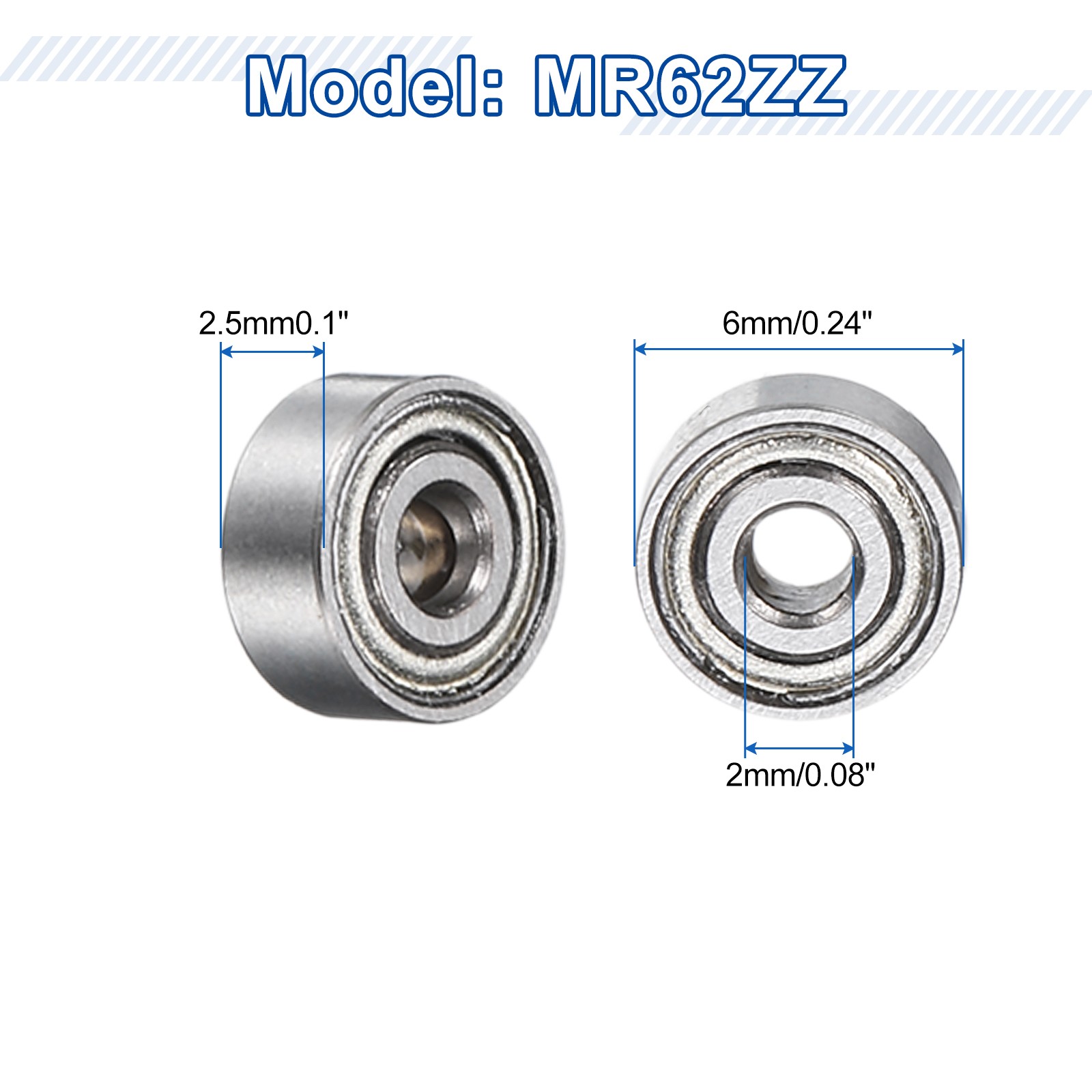 12Pcs MR62ZZ Deep Groove Ball Bearings, 2mm ID 6mm OD 2.5mm Width Bearing