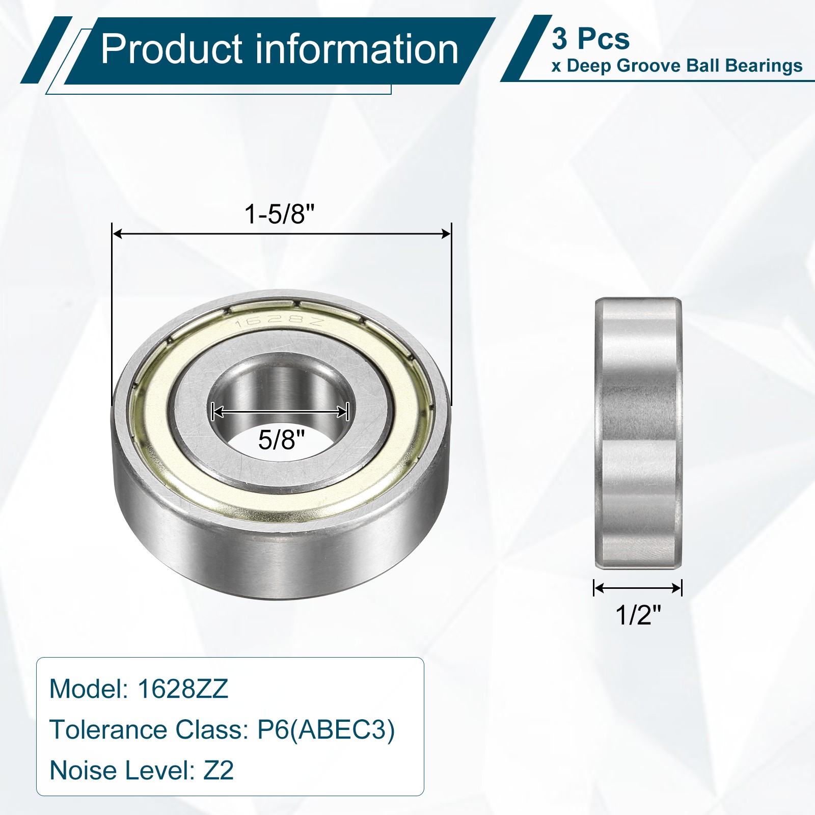 1628ZZ Deep Groove Ball Bearing, 3pcs, 5/8″ x 1-5/8″ x 1/2″, Z2 Sealed Bearing
