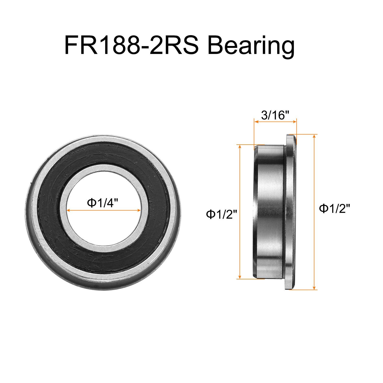 10pcs FR188-2RS Flanged Ball Bearing 1/4 x 1/2 x 3/16 Chrome Steel Rubber Seals