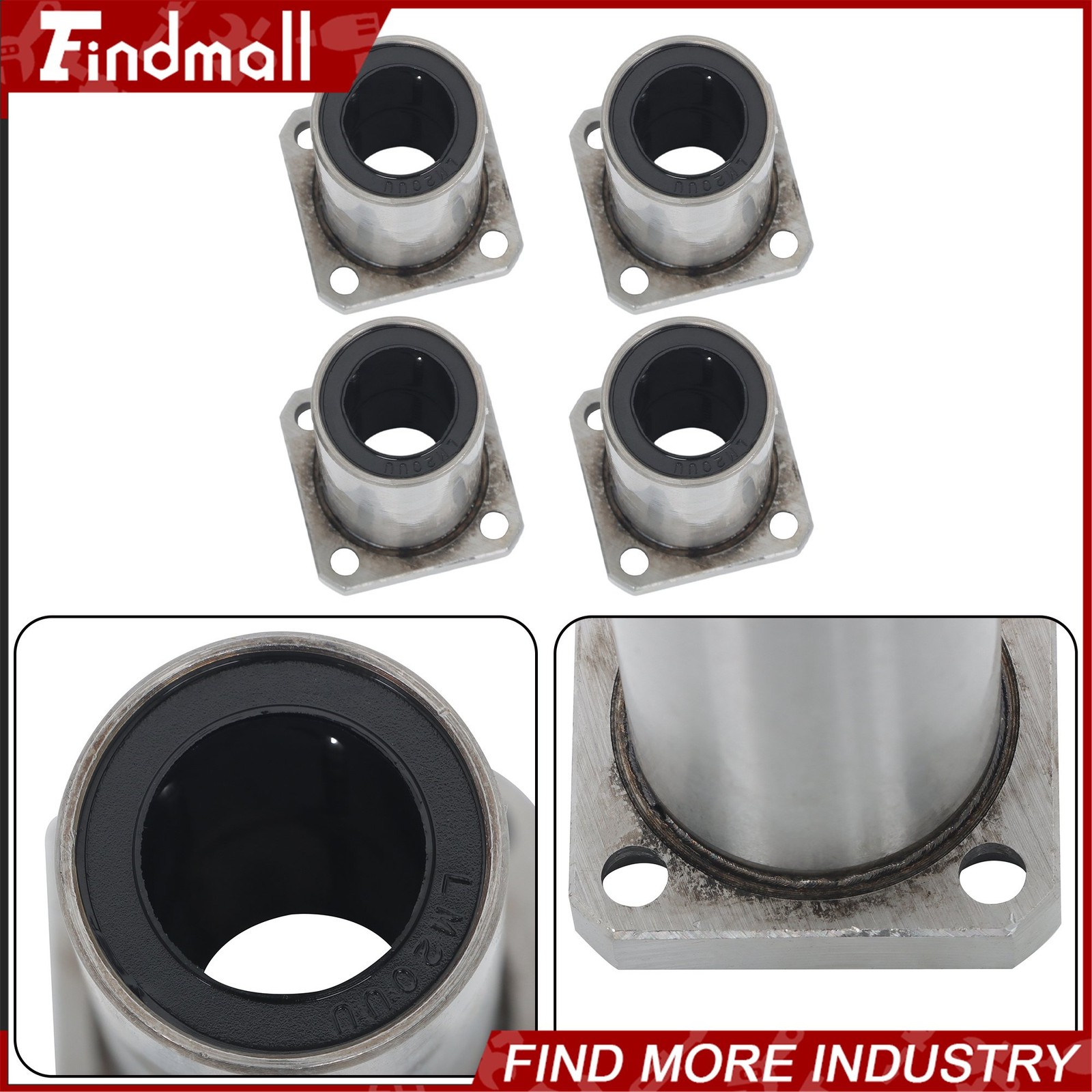 Findmall 4 Pack LMK20LUU 20x32x80mm Linear Bearing Square Flange Steel Cage CNC