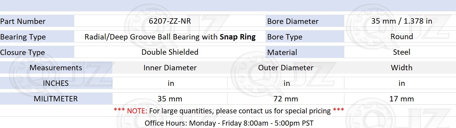 [Qty.1] 6207-ZZ-NR Deep Groove Ball Bearing w/Snap Ring [35mm x 72mm x 17mm]