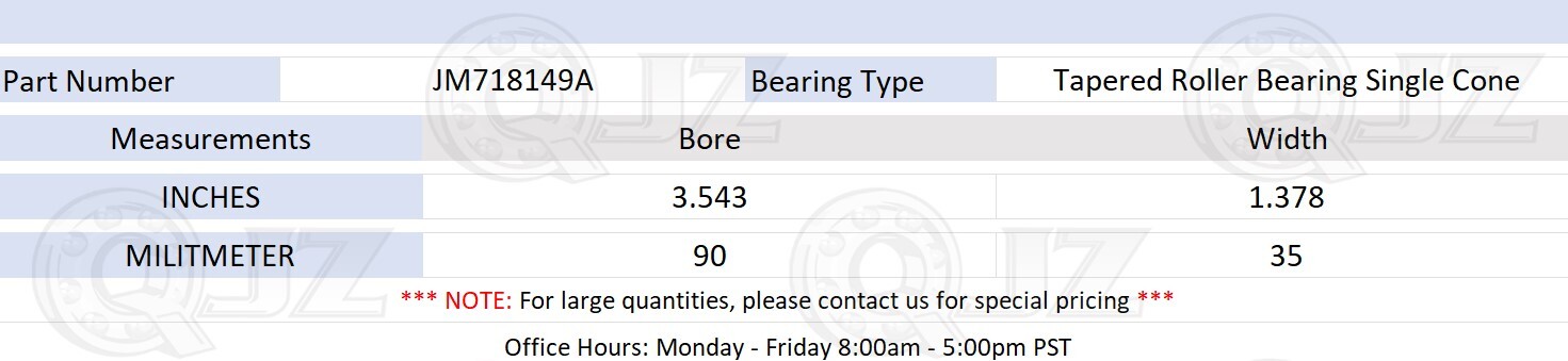 [2-Pack] JM718149A Tapered Roller Bearing Single Cone [90 mm Bore x 35 mm W]