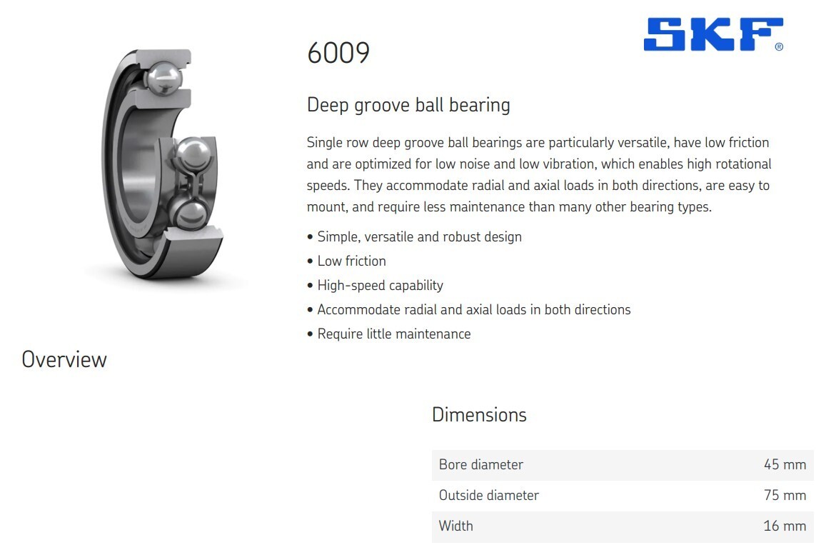 One (1) SKF 6009 JEM Deep Groove Bearing 45MM ID 6009/C3 USA NEW