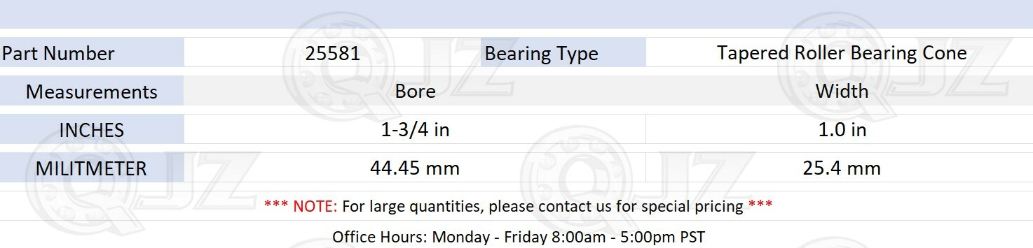 [1-Pack] 25581 Tapered Roller Bearing Inner Cone 1-3/4″ (Bore) x 1.0″ (Width)