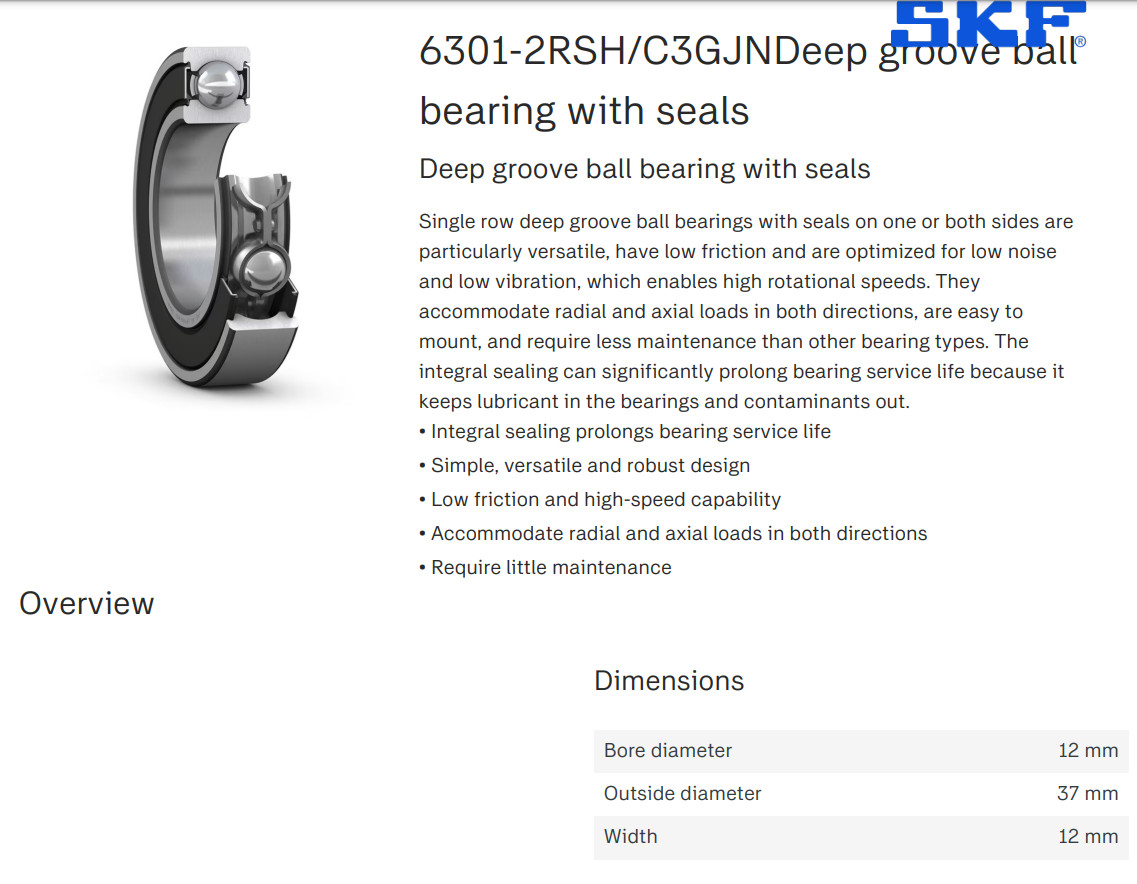 One (1) SKF 6301 2RSH/C3GJN Deep Groove Bearing 12MM ID Indonesia NEW