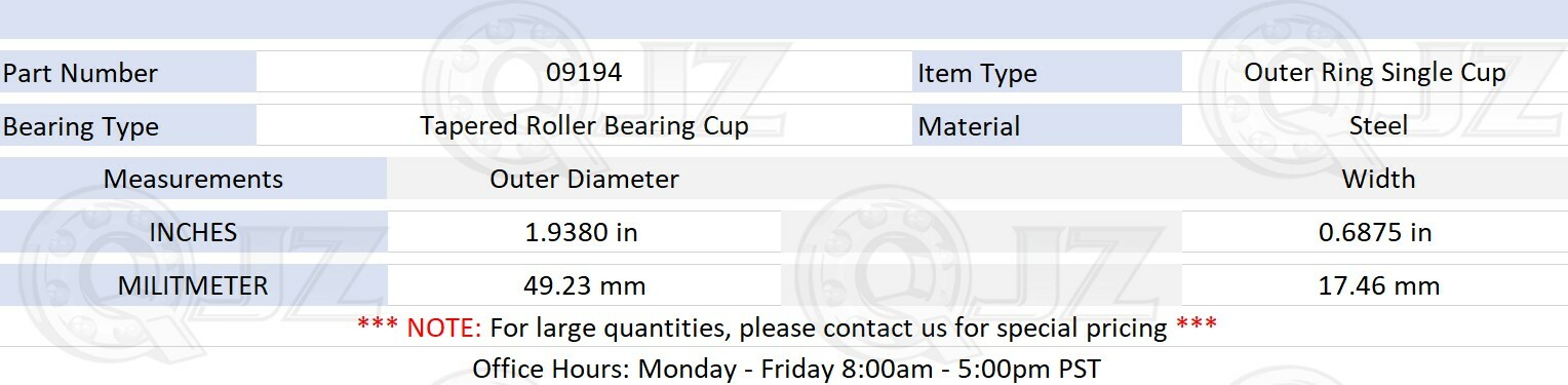 [Qty.1] 09194 Tapered Roller Bearing Outer Cup 1.938″ (Outer) x 0.6875″ (Width)