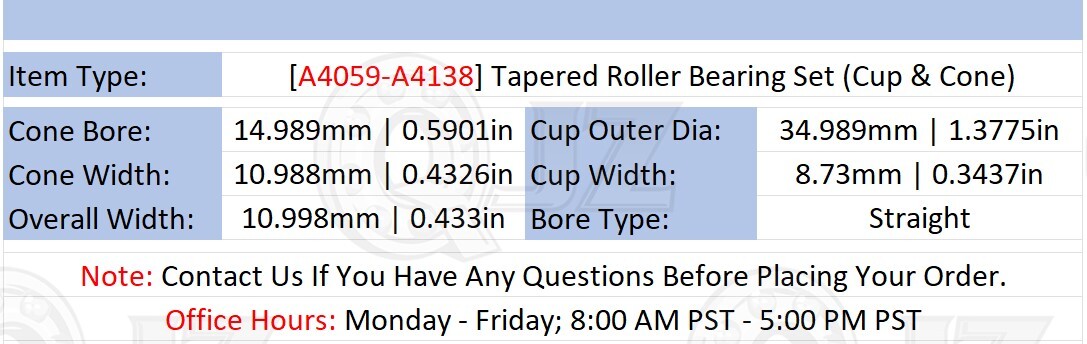 [Qty.2] A4059-A4138 Tapered Roller Bearing Set Cup & Cone [0.5901″ID x 0.433″ W]
