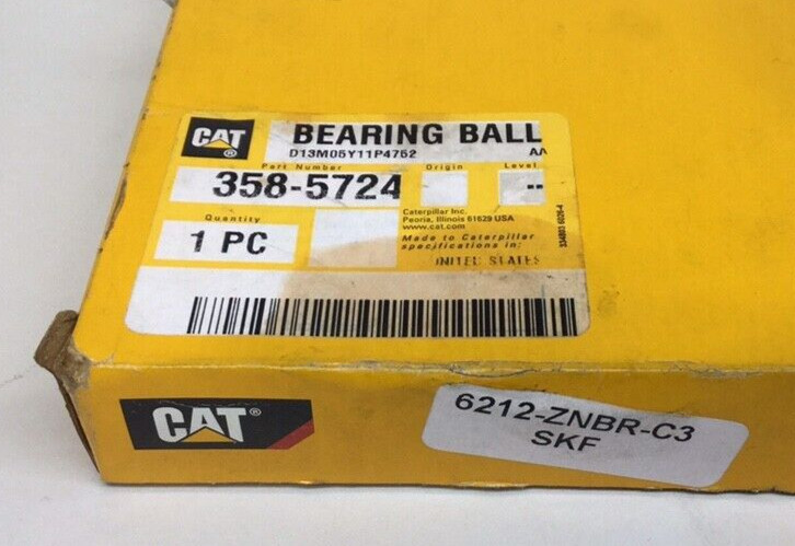 Cat 358-5724 Ball Bearing 60mm ID X 110mm OD X 22mm W SKF 6212-ZNBR/C3 Snap Ring