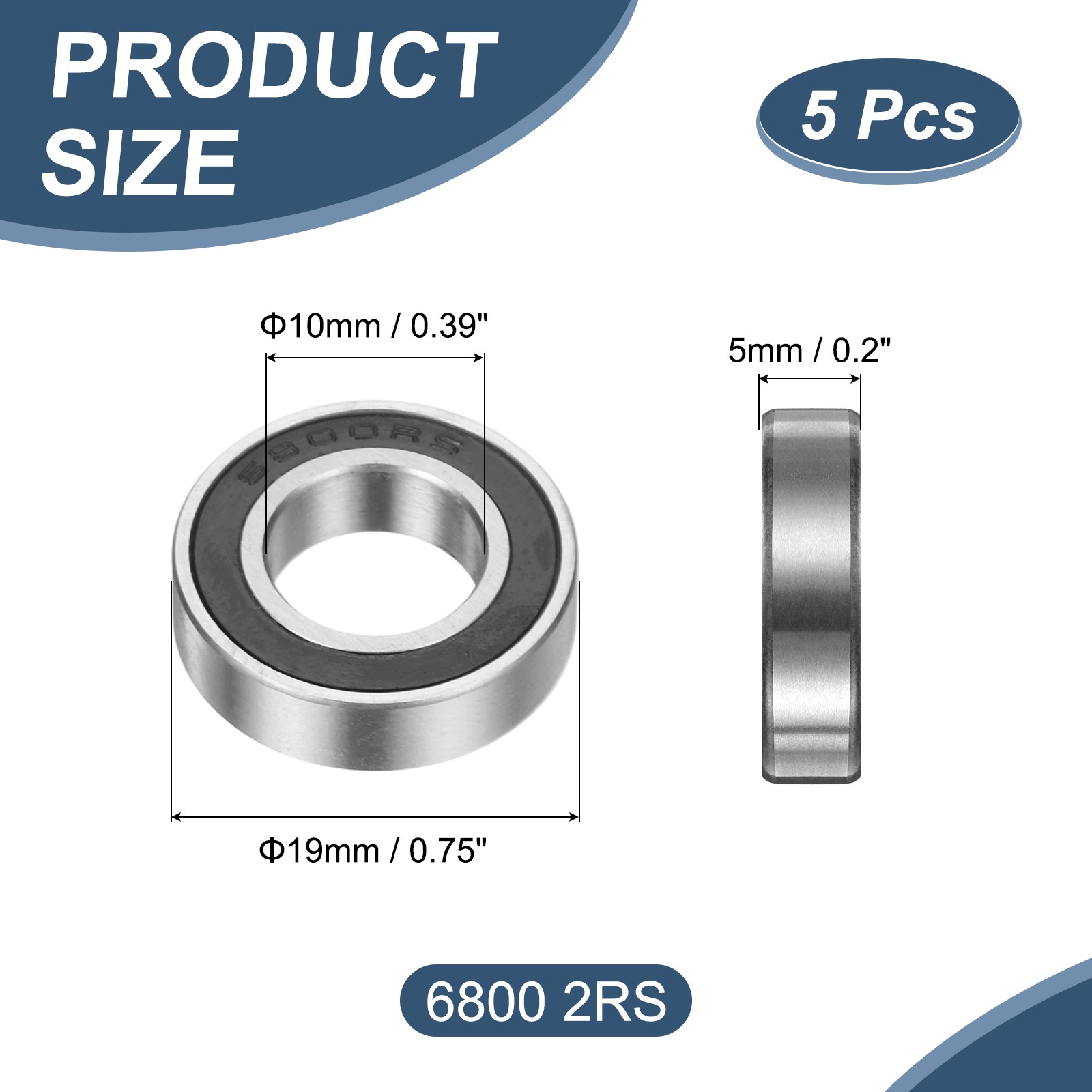 5 Pack 10 x 19 x 5mm 6800 2RS Deep Groove Ball Bearings ABEC5