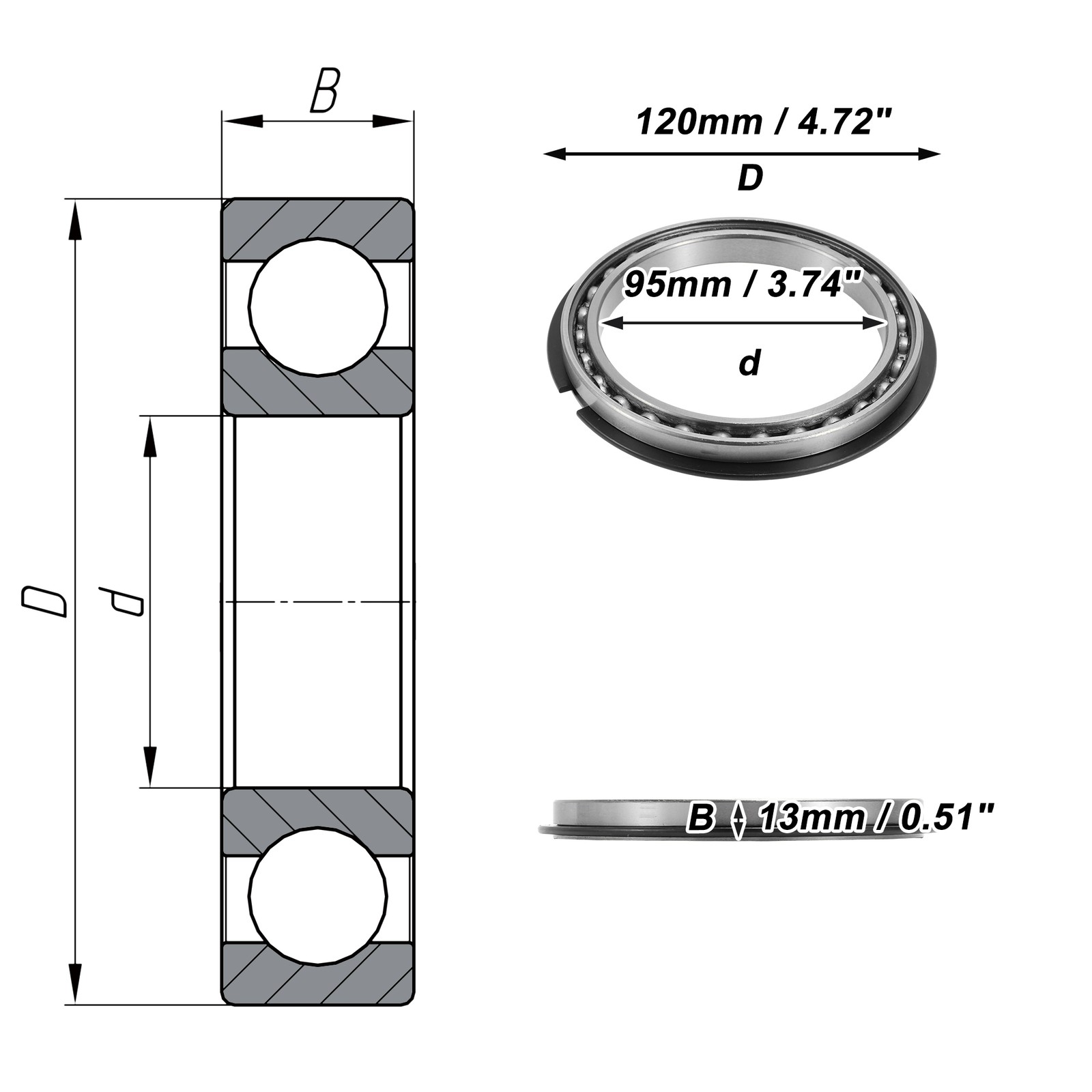 6819NR Deep Groove Ball Bearings 95x120x13mm 1 Pc Silver Tone