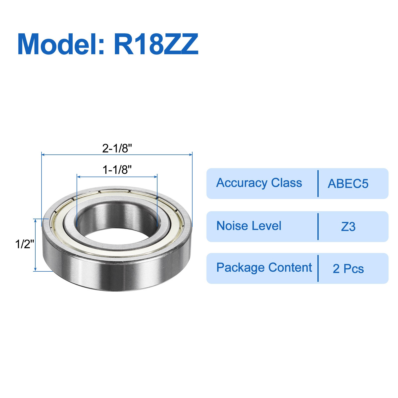 2Pcs Bearings R18ZZ 1-1/8″x2-1/8″x1/2″ for Silver Tone
