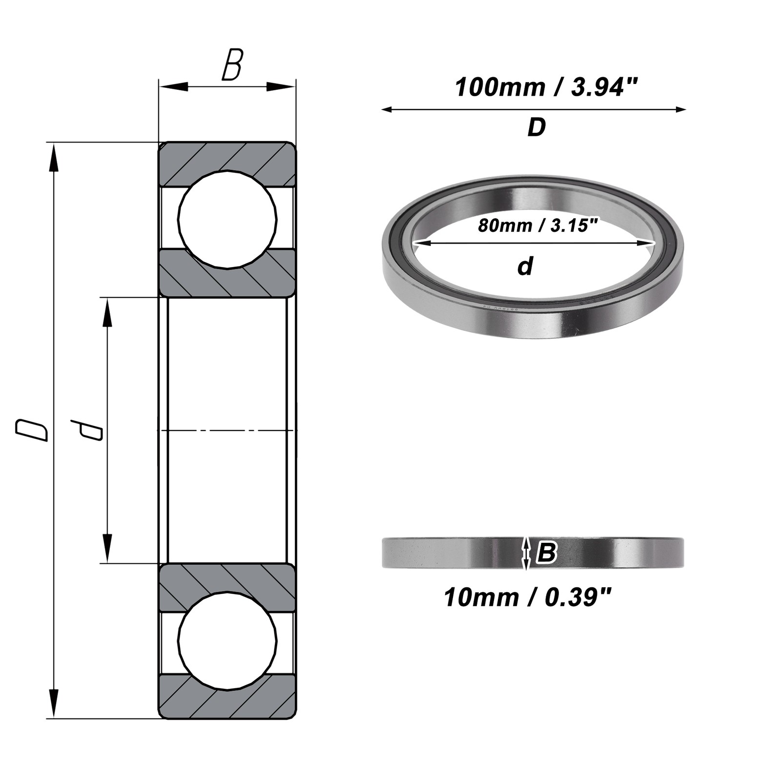 6816VV Deep Groove Ball Bearings 80x100x10mm Silver Tone Black