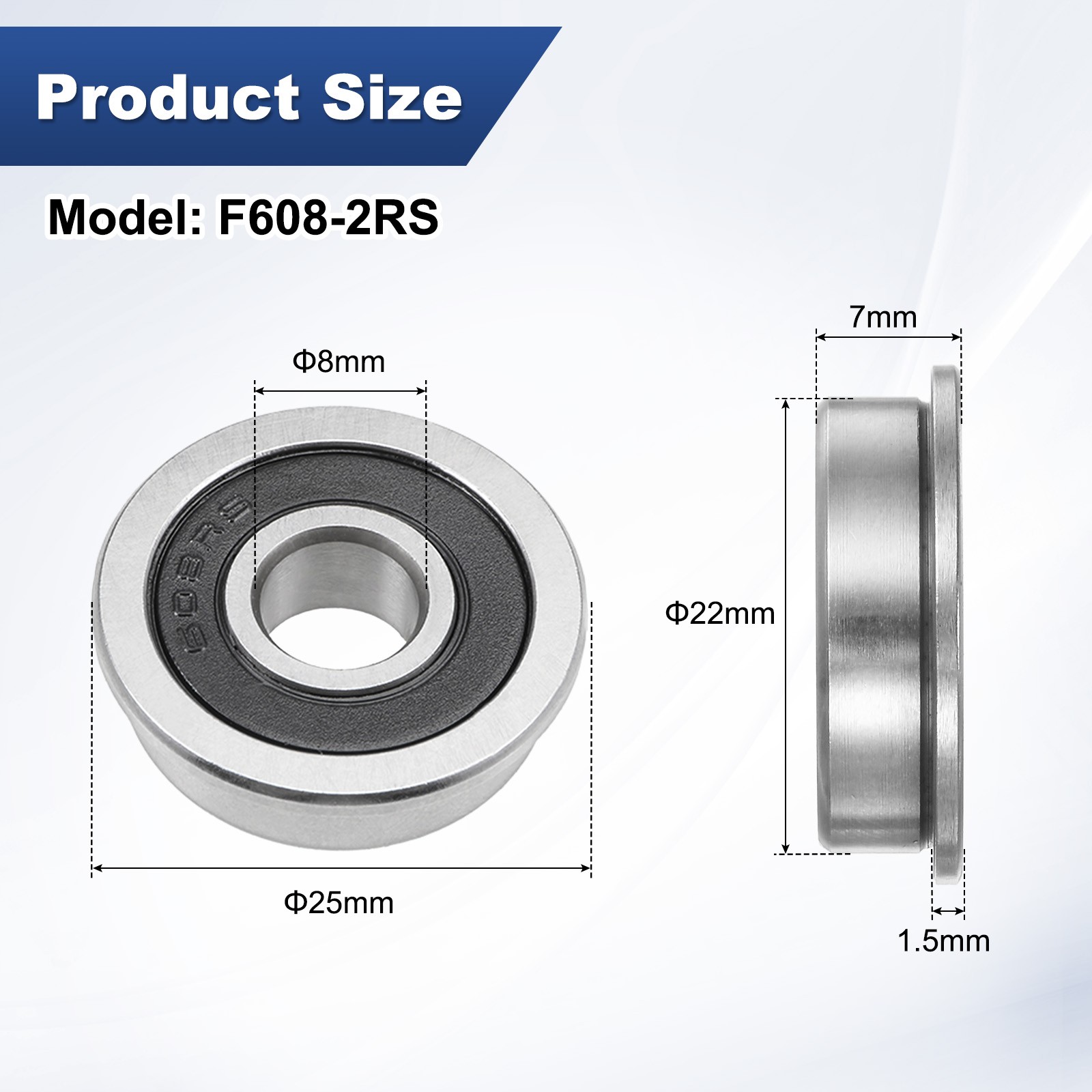 10-Pack F608-2RS Flanged Ball Bearing, 8x22x7mm Rubber Sealed Chrome Steel