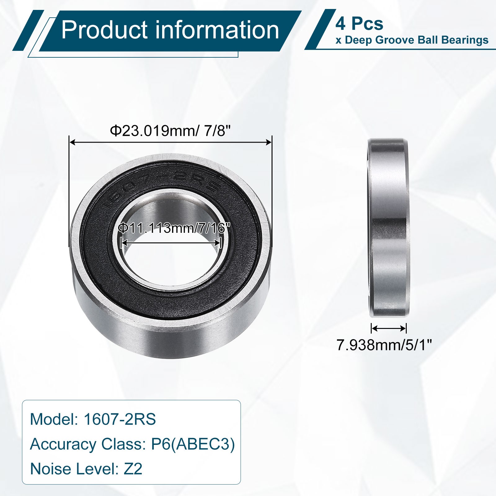 1607-2RS Deep Groove Ball Bearing, 4pcs, 11mm x 23mm x 8mm, Z2 Double Rubber