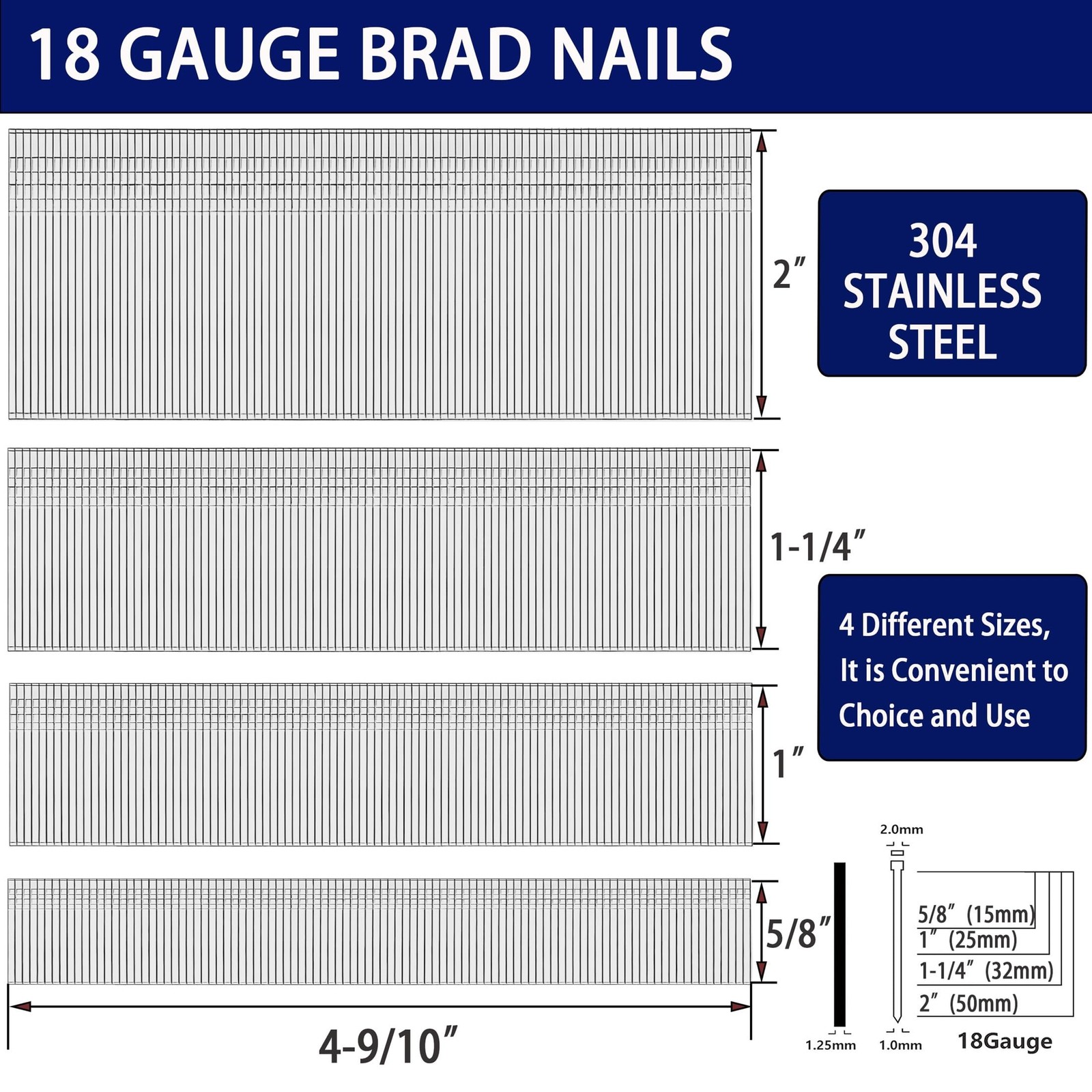 HW HAMWOO 18 Gauge 304 Stainless Steel Brad Nails,2″,1-1/4″,1″,5/8″:1200pcs |…