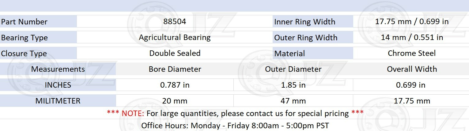 [Qty.2] 88504 Agricultural Equipment Bearing [20mm ID x 47mm OD x 17.75mm OW]