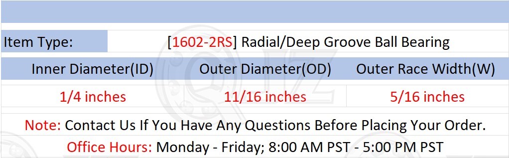 [Qty.1] 1602-2RS Radial/Deep Groove Ball Bearing [1/4″ ID x 11/16″ OD x 5/16″ W]
