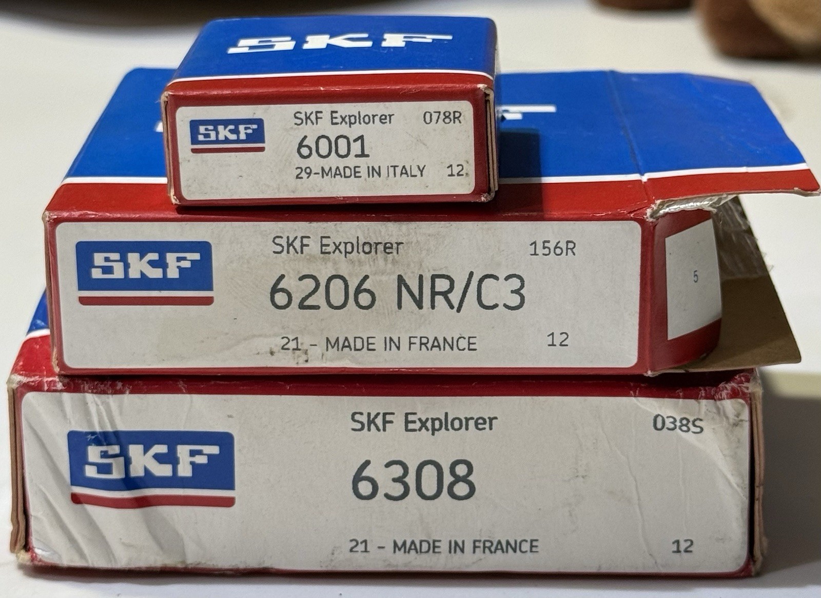 SKF Explorer Steel Ball Bearings 6001 (078R), 6206 NR/C3 (156R), 6308 (038S)