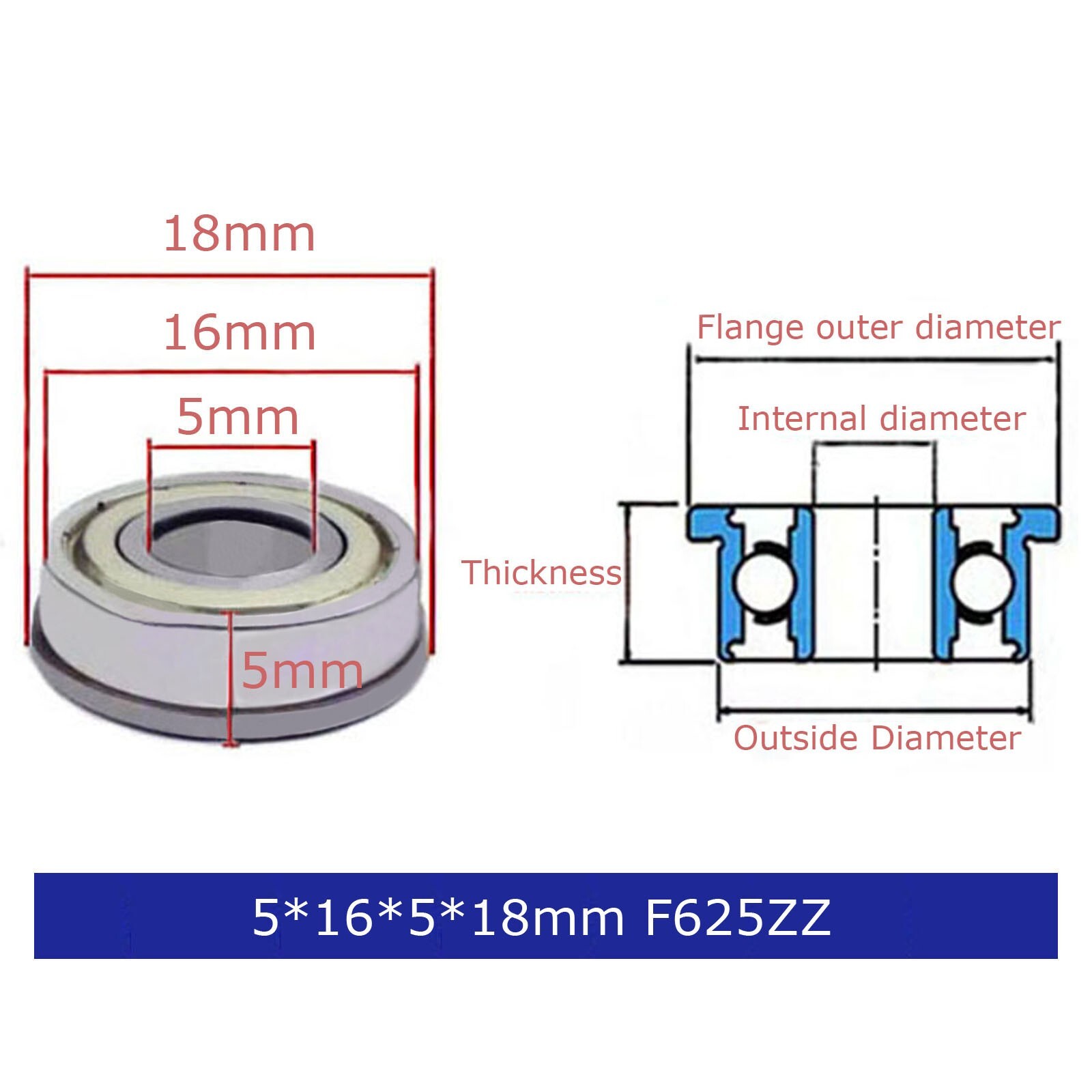2pcs Mute sound wear-resistant 5x16x5x18mm F625ZZ Flanged ball bearing