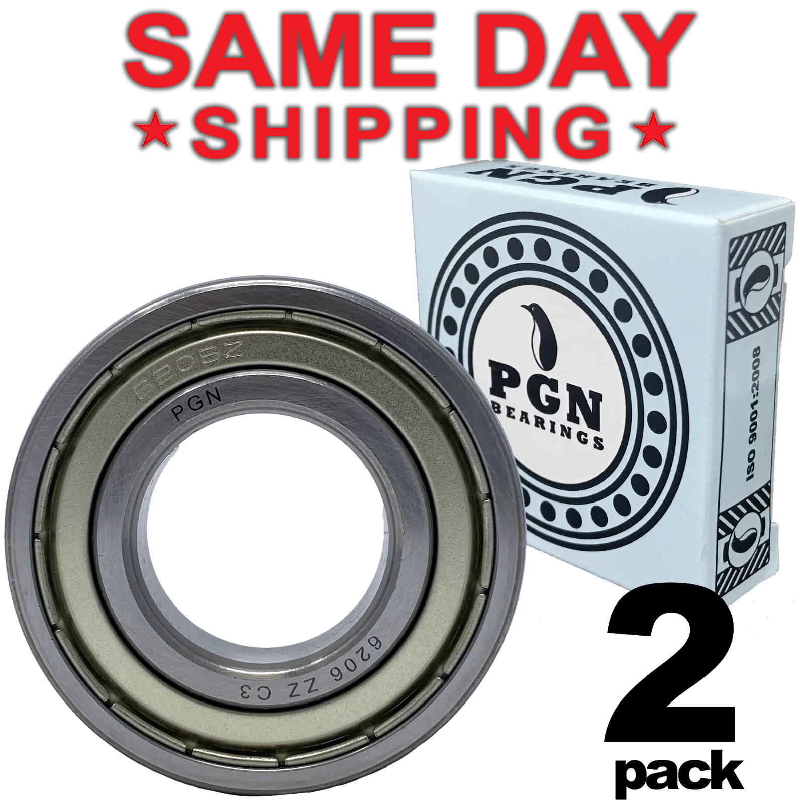 6206-ZZ C3 EMQ Premium Metal Shielded Ball Bearing, 30x62x16, 6206Z (2 QTY)