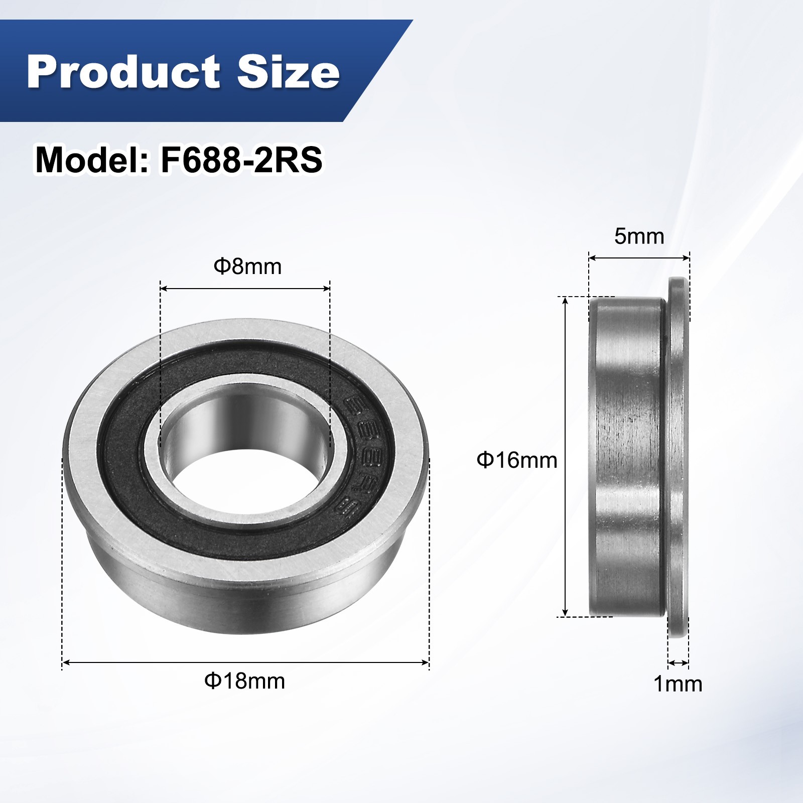 4-Pack F688-2RS Flanged Ball Bearing, 8mm x 16mm x 5mm Rubber Sealed