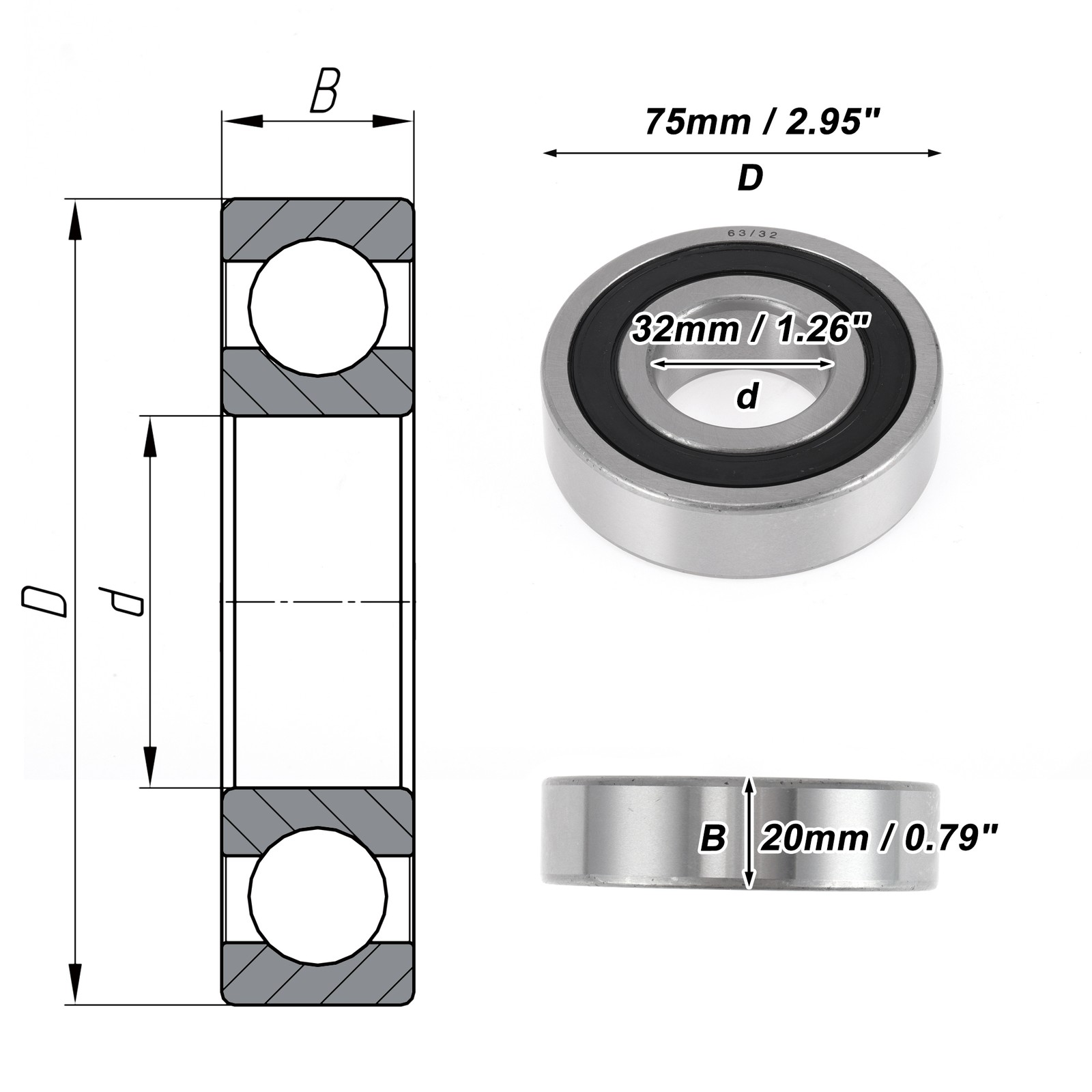 63/32DDU Deep Throat Ball Bearings 32x75x20mm 1pc Scooter Wheel