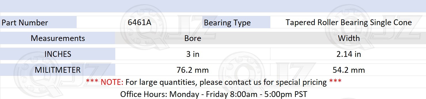 [1-Pack] 6461A Tapered Roller Bearing Single Cone [3 in Bore x 2.14 in W]