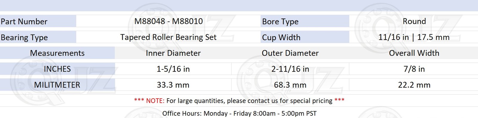 [1-Pack] M88048-M88010Tapered Roller Bearing Set (1-5/16 x 2-11/16 x 7/8″)