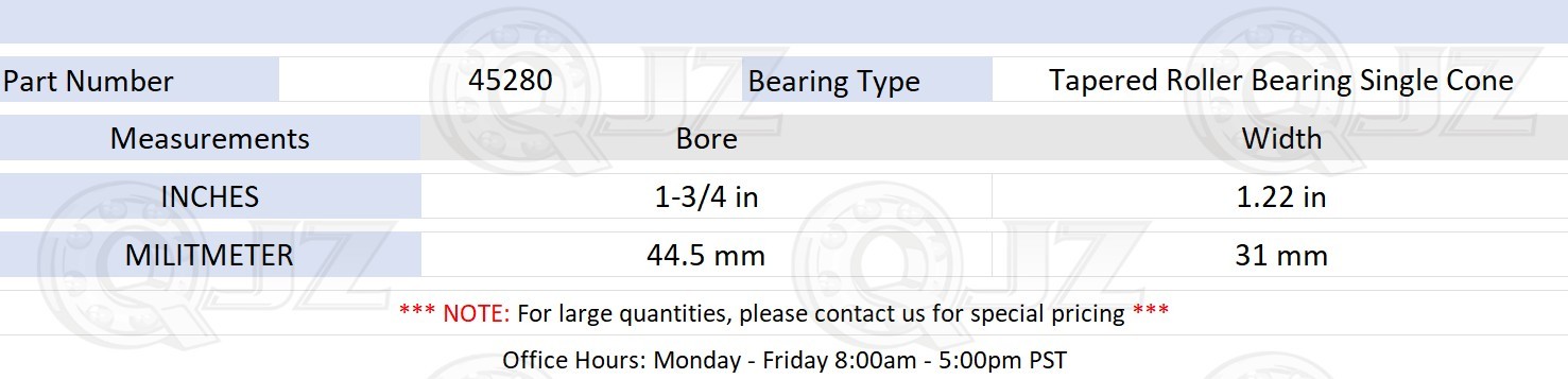 [2-Pack] 45280 Tapered Roller Bearing Single Cone [2-3/4 in Bore x 1.56 in W]