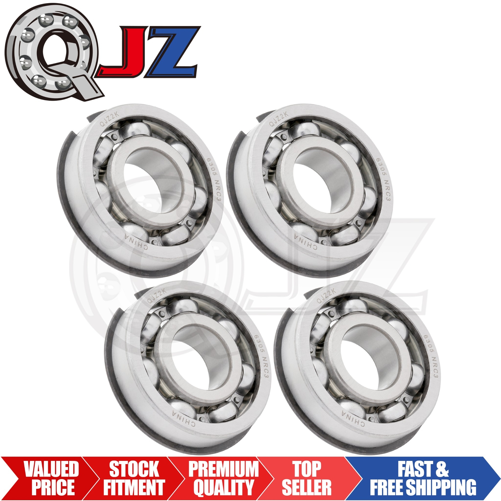 [Qty.4] 6305-OPEN Deep Groove Bearing W/ Snap-Ring [25mm ID x 62mm OD x 17mm W]
