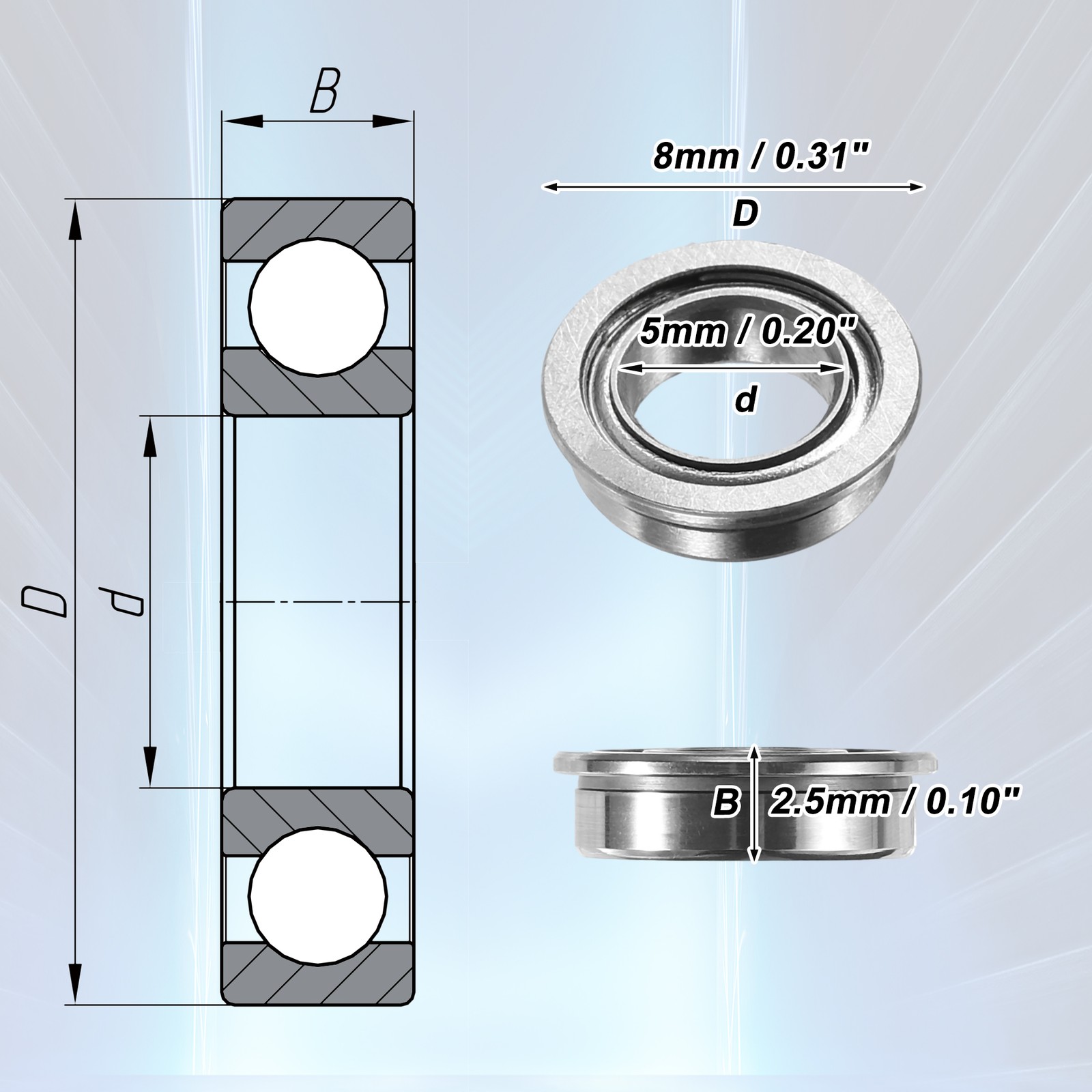 10pcs MF85ZZ 5x8x2.5mm Double Metal Shield Flanged Deep Groove Ball Bearings