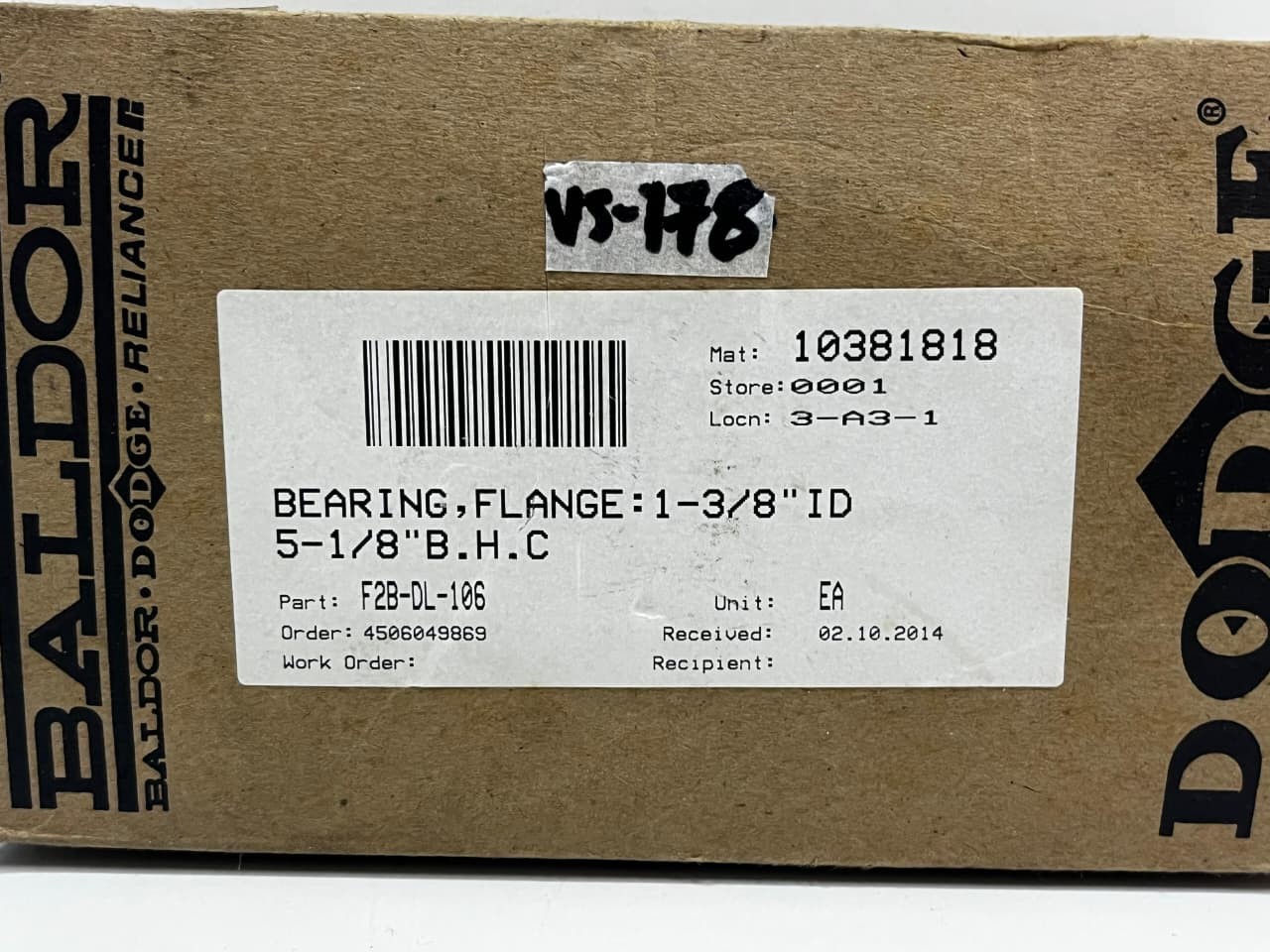 New BALDOR / DODGE 128765 F2B-DL-106 Flange-Mount Bearing Unit, VS#178