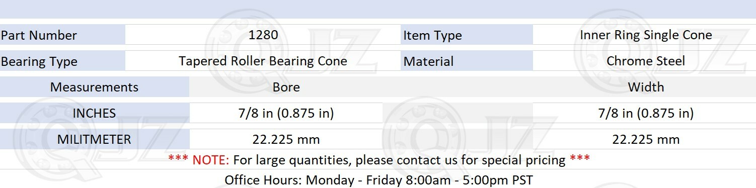[1-Pack] 1280 Tapered Roller Inner Ring Single Cone 7/8″(Bore) x 0.875″(Width)