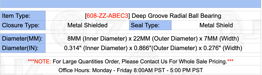 [Qty.8] 608-ZZ ABEC3 Metric Miniature Ball Bearing [8mm ID x 22mm OD x 7mm W]