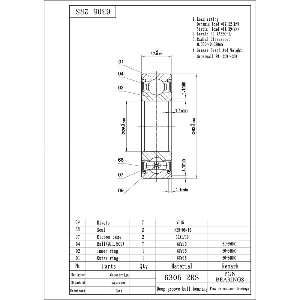 (10) 6305-2RS Premium Rubber Seal Ball Bearing C3 EMQ, 25x62x17, 6305 2RS 6305rs