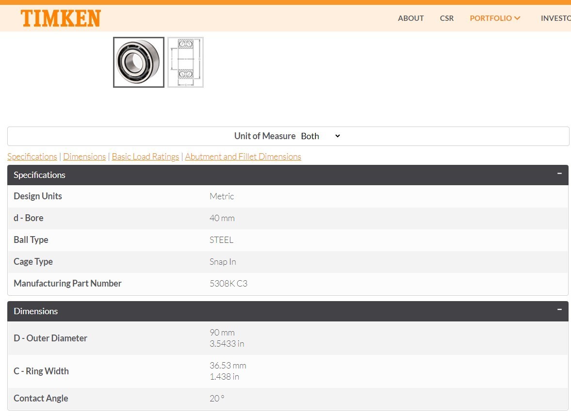One (1) Timken 5308 K Angular Contact Bearing 40MM ID USA New