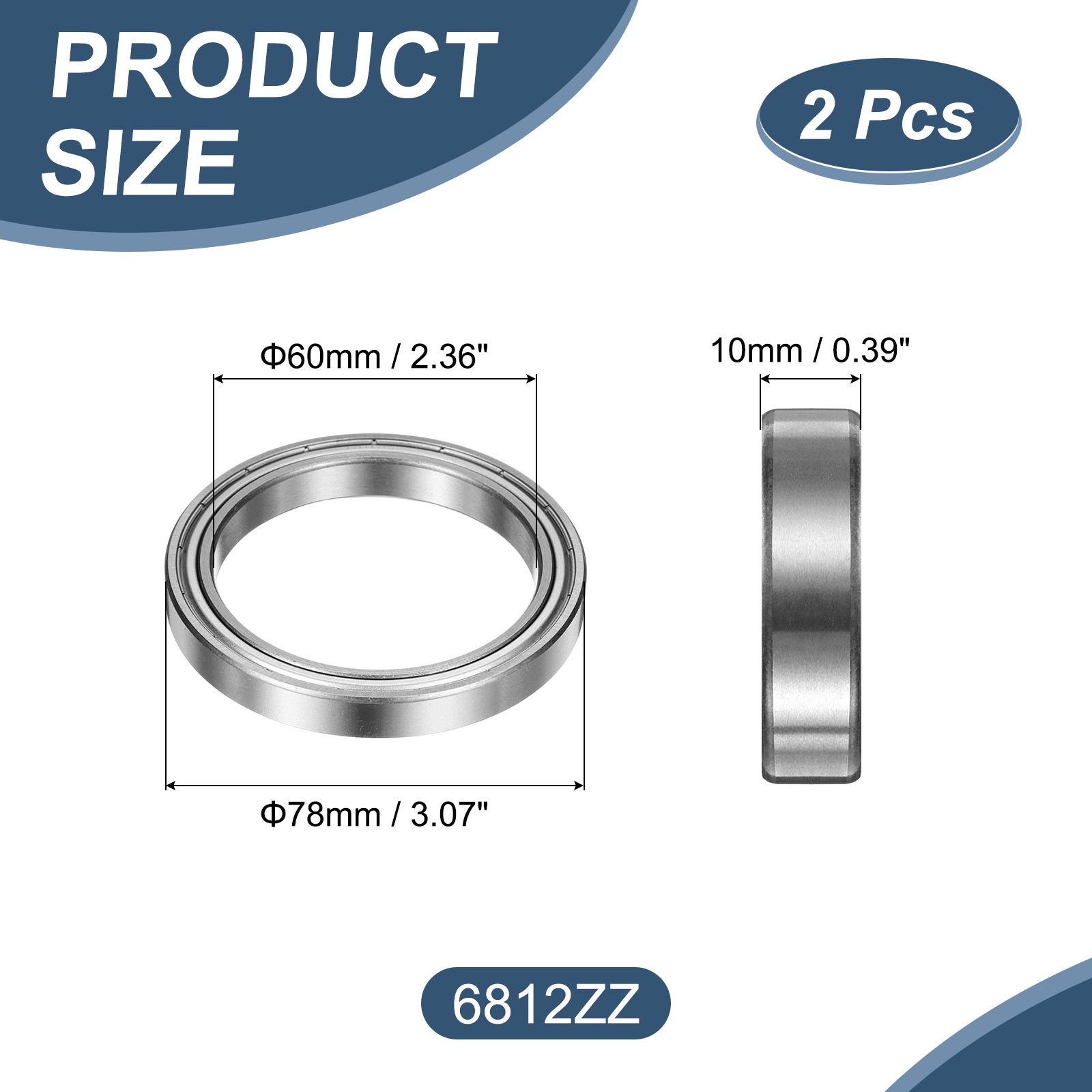 2 Pack 60 x 78 x 10mm 6812ZZ Deep Groove Ball Bearings ABEC5