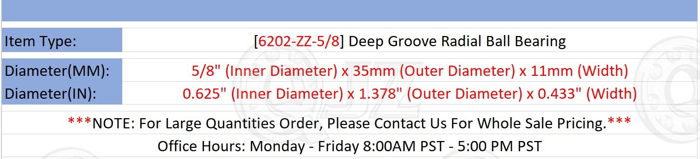 [Qty.100] 6202-ZZ-5/8 Deep Groove Radial Ball Bearing [5/8″ Bore x 35mm x 11mm]