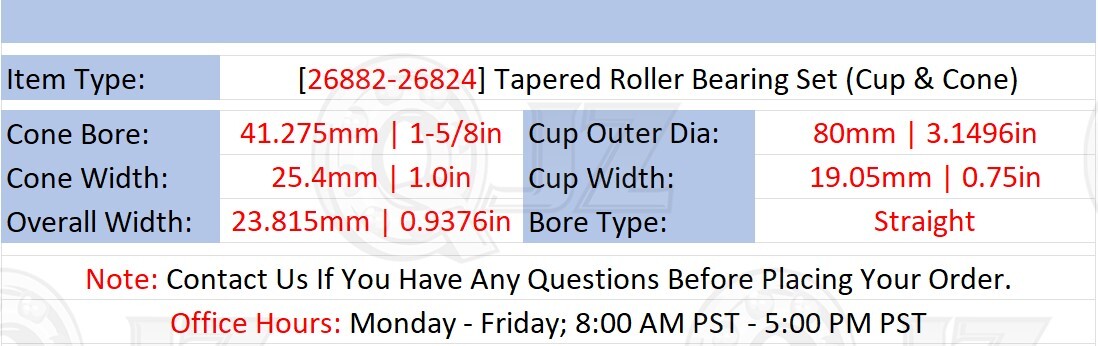 [Qty.2] New 26882-26824 Tapered Roller Bearing Set [1-5/8″ Bore x 0.9376″ W]
