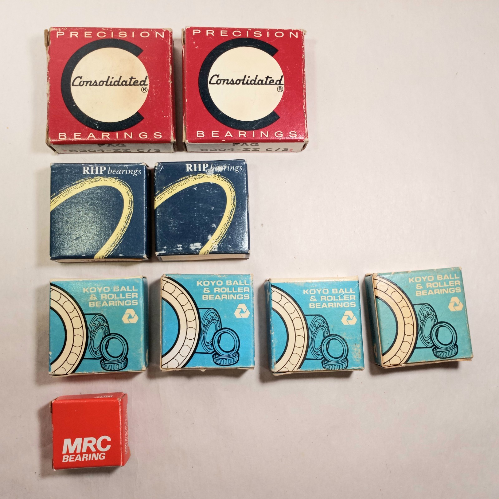 Vtg 9pc Ball Bearing Lot Consolidated, RHP, Koyo, MRC, 6204 ZZ, 6203 2z, 6200zz