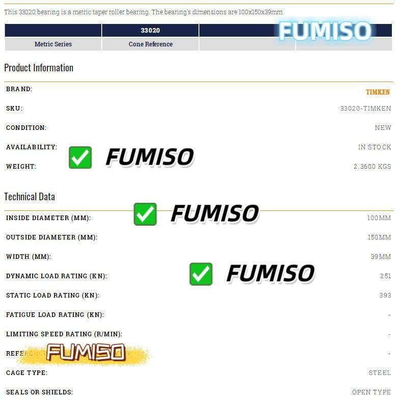 1PC NEW for TIMKEN 33020 Taper Roller Bearing 100x150x39mm Fast shipment