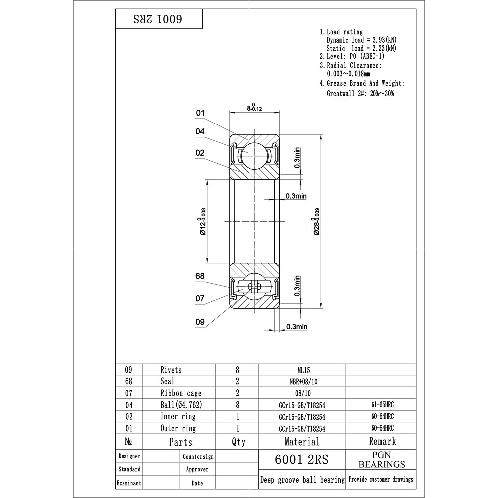 (2) 6001-2RS Premium Rubber Seal Ball Bearing C3 EMQ, 12x28x8, 6001 2RS 6001rs