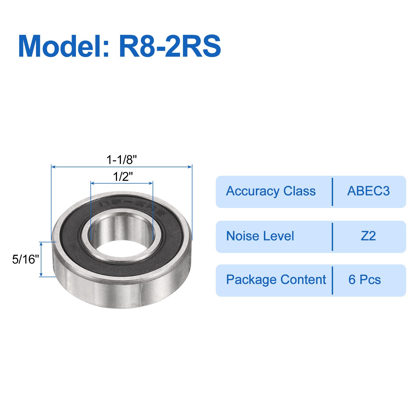 6pcs R8-2RS 1/2″ ID x 1-1/8″ OD x 5/16″ Height Z2 Ball Bearings, Silver Tone