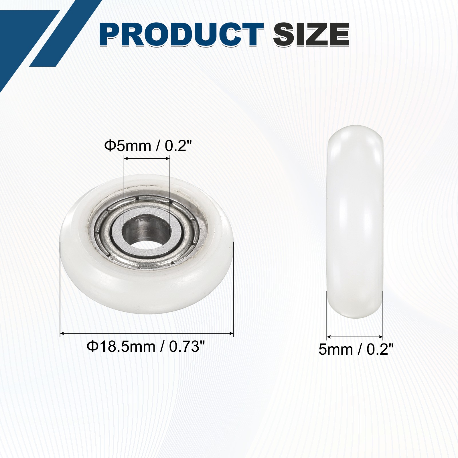 20Pcs 5×18.5x5mm Metal Shielded (GCr15) Chrome Steel Bearing+POM Guide, White