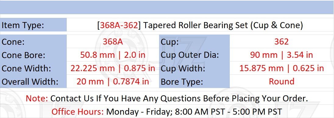 [Qty.2] 368A-362 Tapered Roller Bearing Set Cone & Cup [2.0 in ID x 0.7874 in W]