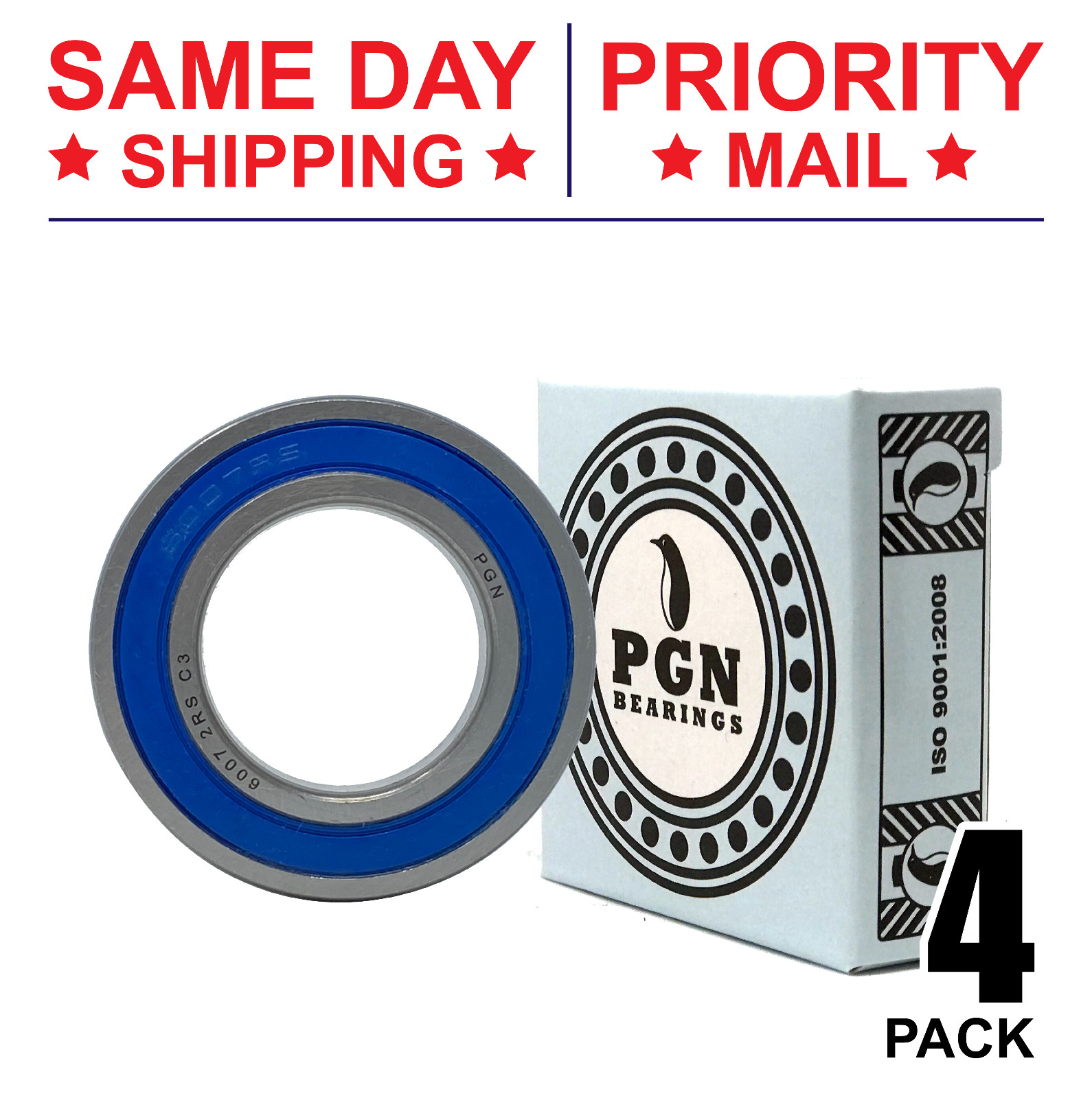 6007-2RS C3 EMQ Premium Rubber Sealed Ball Bearing, 35x62x14, 6007rs (4 QTY)