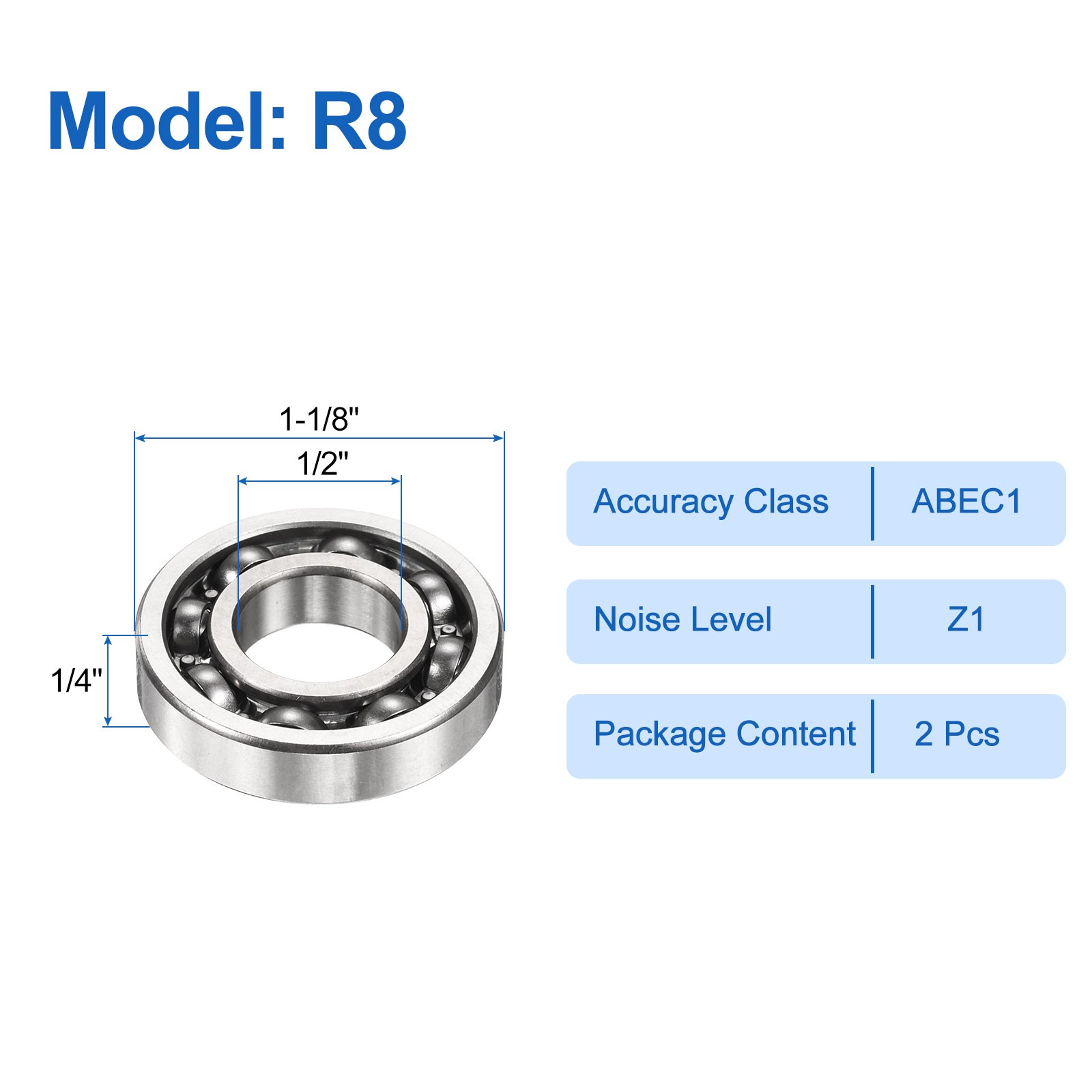 2pcs R8 1/2″ ID x 1-1/8″ OD x 1/4″ Height Z1 Ball Bearings Silver Tone