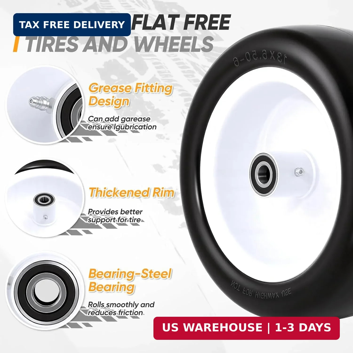 13×6.50-6 Flat Free Lawn Mower Tires and Wheels, 1/2″ 3/4″ 5/8″ Ball Bearings, 1