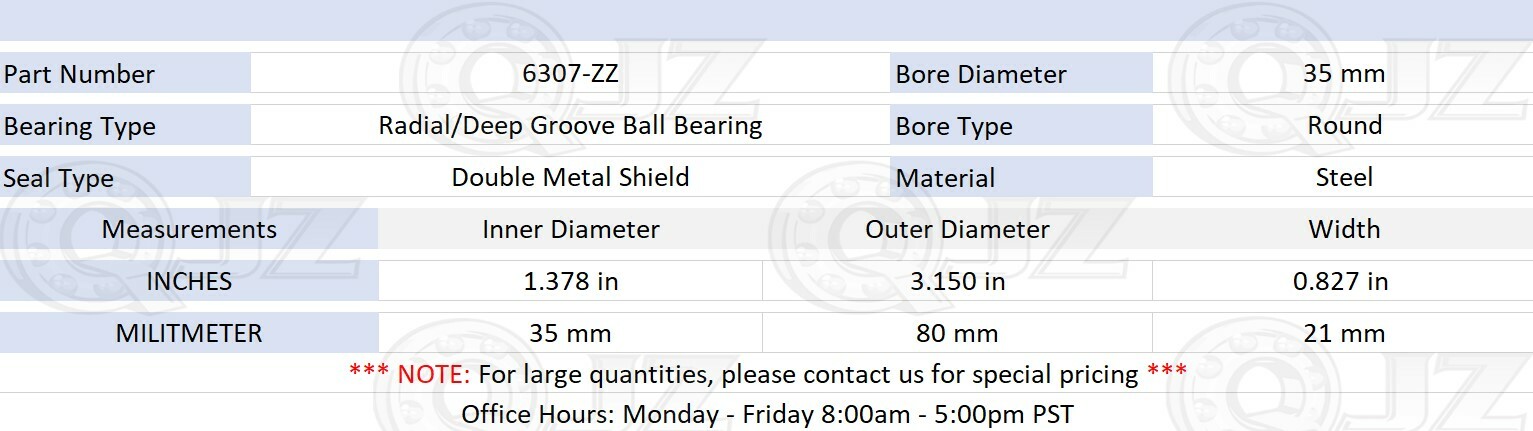[1-Pack] 6307-ZZ Radial/Deep Groove Ball Bearing 35 mm x 80 mm x 21 mm (IDxODxW)