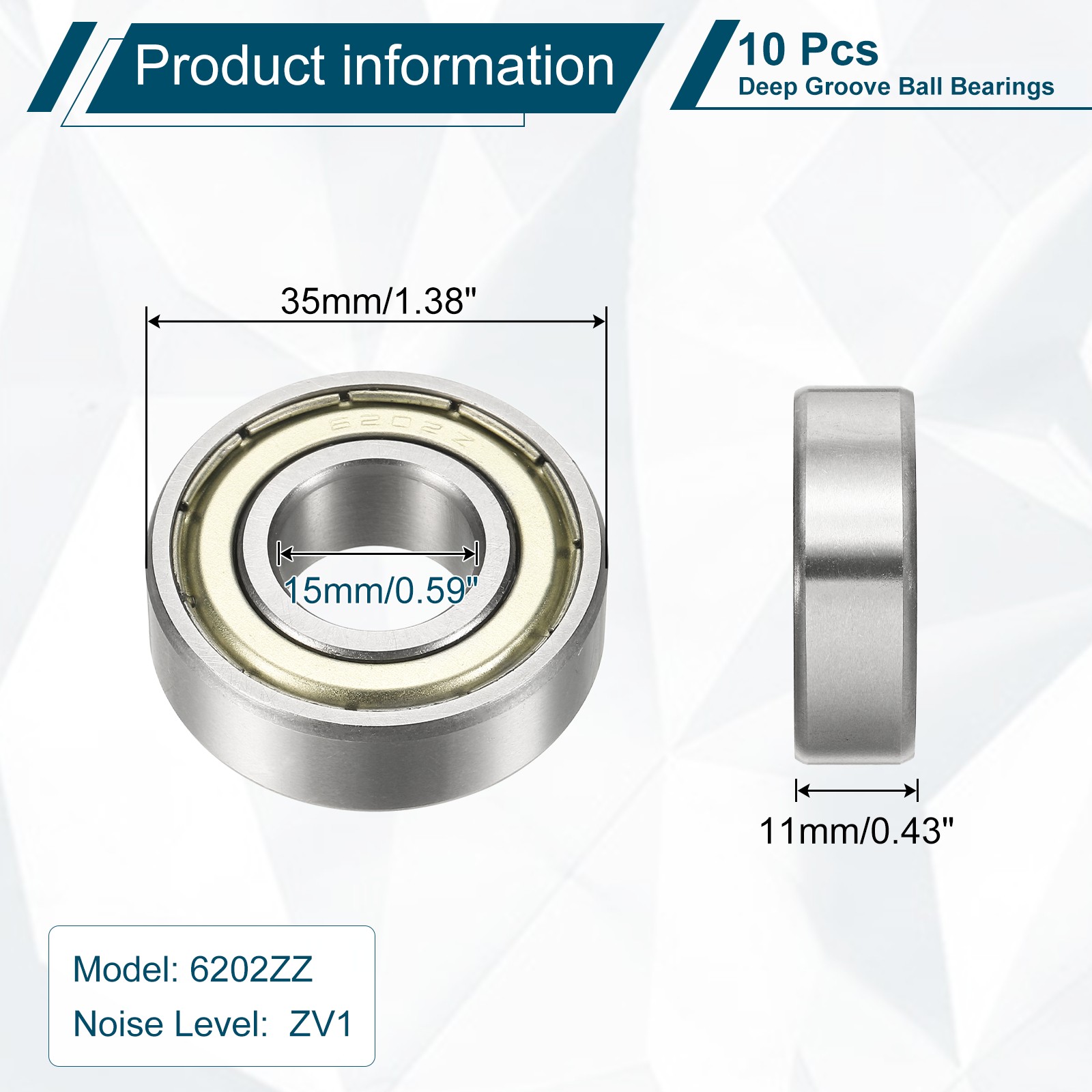 10 Pcs 6202ZZ Deep Groove Ball Bearings, 15x35x11mm Double Shield Bearing